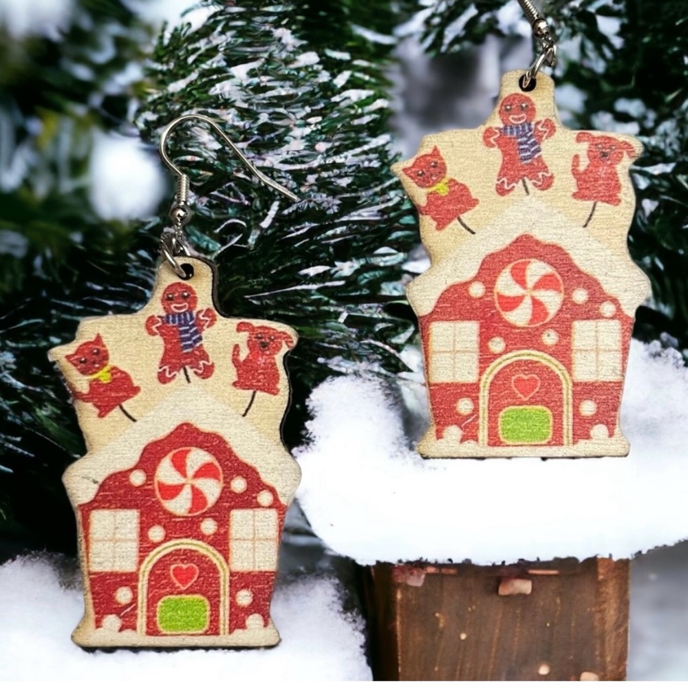 1/$8 or 3/$12 Christmas Ginger Bread House
Wooden Dangle Retro Style Earrings